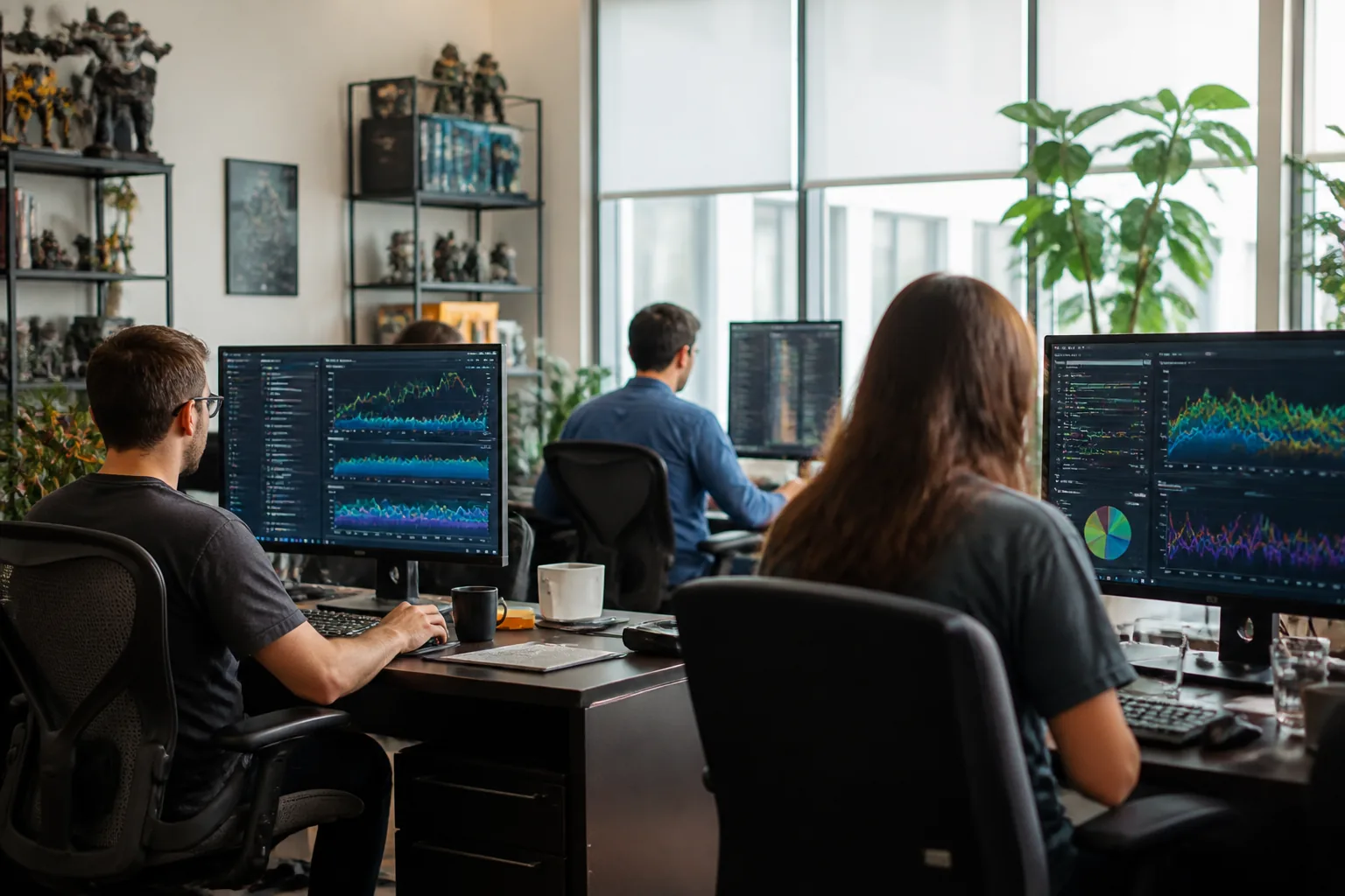 Skelora analysts at their desks with revenue charts and dashboards on large monitors in a bright office