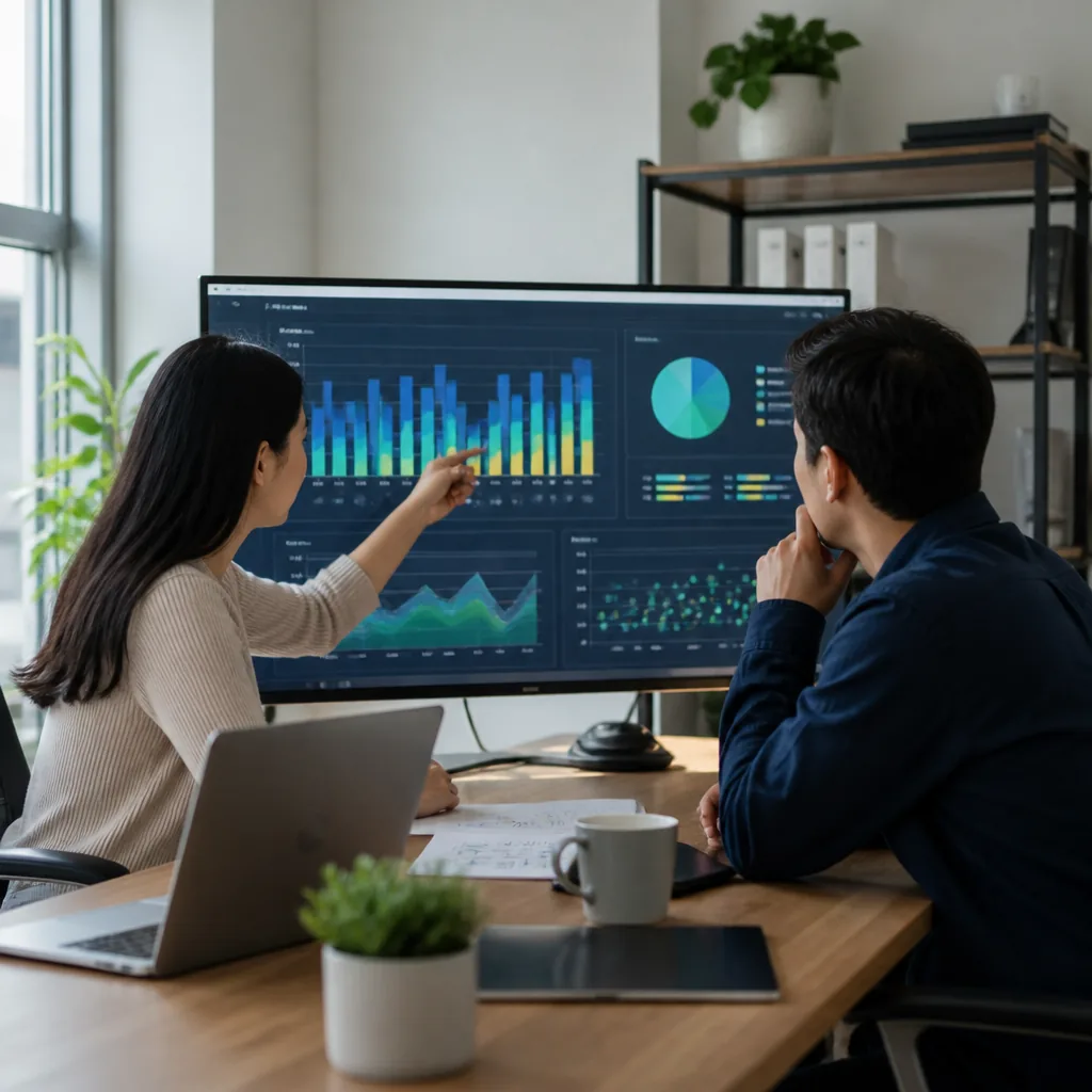 Two Skelora analysts reviewing a games-market dashboard and pointing at a bar chart on a monitor