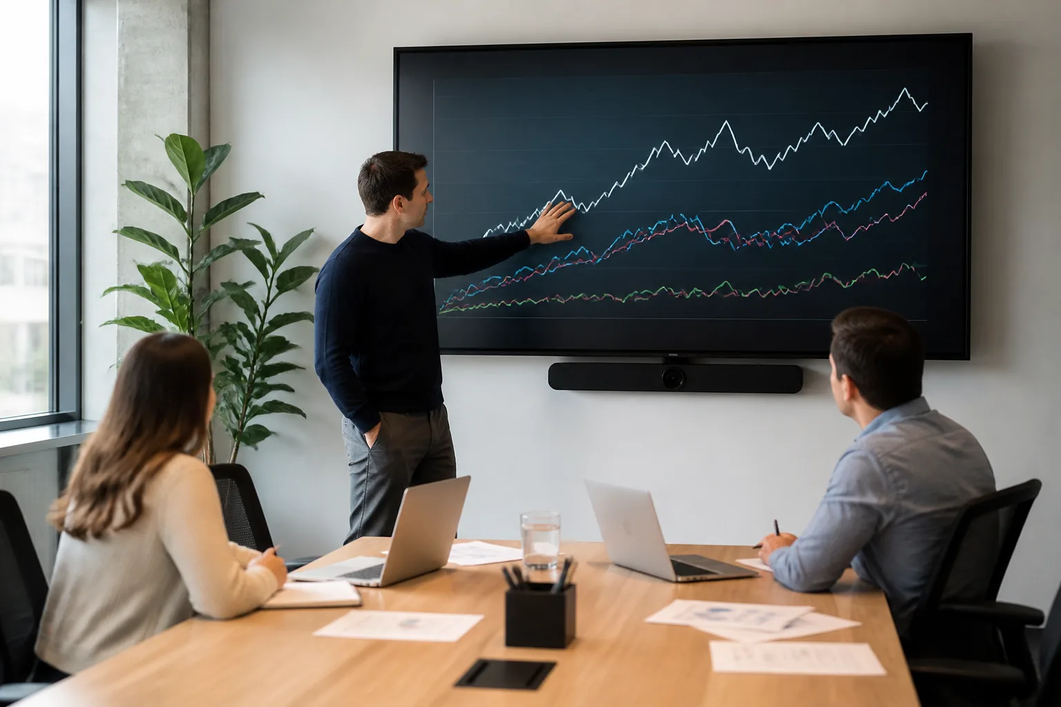 A Skelora analyst presenting a line chart on a wall screen to two colleagues in a meeting room